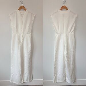 White Deep V Wide Leg Front Zip Jumpsuit (M)